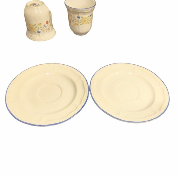 Vtg BrickOven Stoneware Mugs & saucer set 4pc Heritage Pattern Birds Flowers - Picture 7 of 11